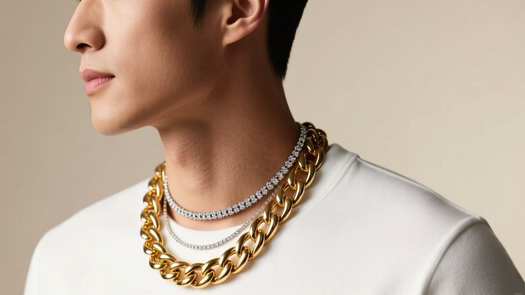 Side profile of a man wearing a layered 10mm gold Cuban chain and a smaller 4mm diamond tennis necklace over a crisp white t-shirt