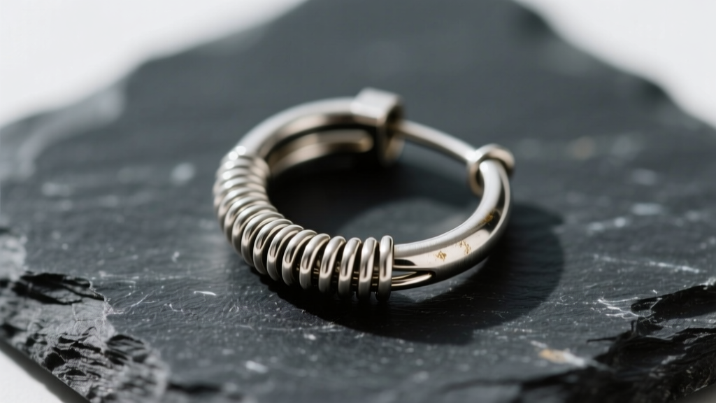 Macro shot of a vintage 1990s 316L stainless steel sleeper hoop earring showing wire tension mechanism on dark slate.
