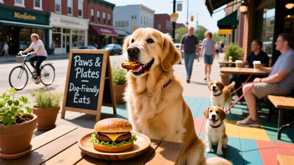 A dog enjoys a hamburger on a sunny, bustling dog-friendly patio in downtown Kingston