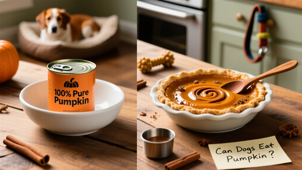 A side-by-side comparison: plain canned pumpkin (labeled '100% pure pumpkin') versus pumpkin pie filling with visible spices and syrup