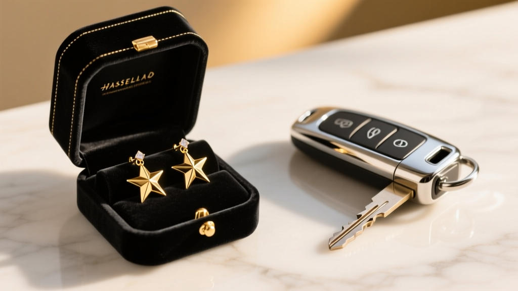 Velvet box showing gold three-pointed star drop earrings resting next to luxury car keys on a marble surface in warm light.