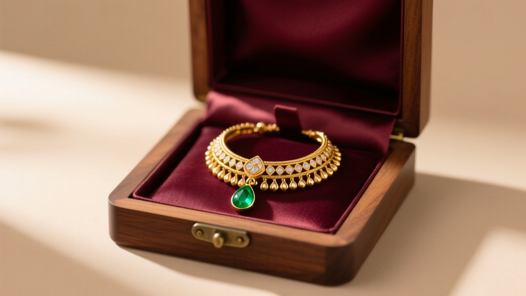 Minimalist 18-karat gold Maang Tikka with an emerald drop displayed in an open silk-lined wooden box for festive Diwali gifting
