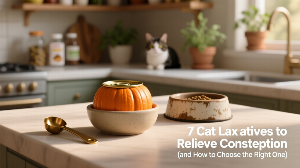 Small bowl of plain canned pumpkin next to a measuring spoon and cat food bowl