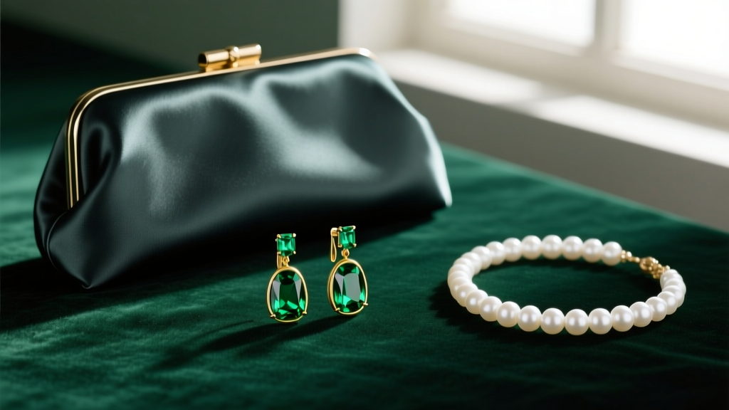 Flat lay of emerald drop gold earrings on dark green velvet, beside a silk evening clutch and a delicate white pearl bracelet.