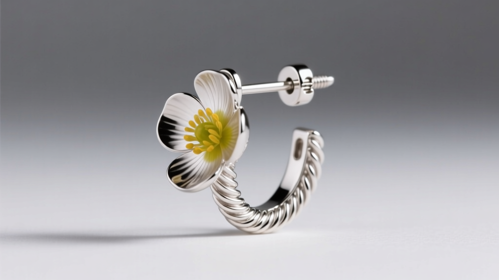 Side profile of a platinum buttercup earring setting, showing fluted gallery wire and a screw-back post on a soft gray backdrop.