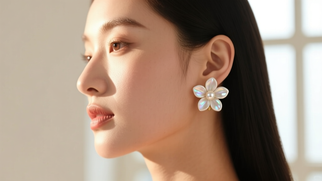 Side profile of a woman wearing delicate freshwater pearl floral stud earrings, highlighting the petal texture against warm skin