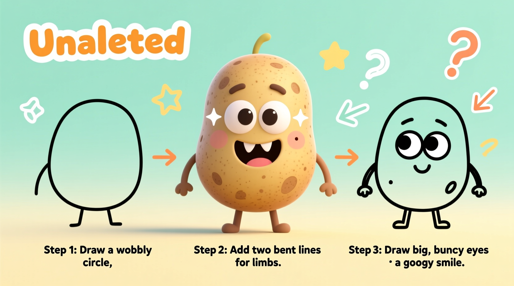 Step-by-step cartoon potato drawing tutorial showing basic shapes