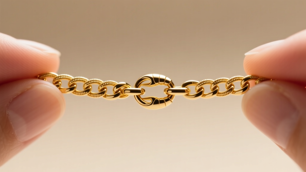 Close-up of a 1.2mm gold box chain with a secure lobster clasp, held between fingers against a soft blurred beige background.