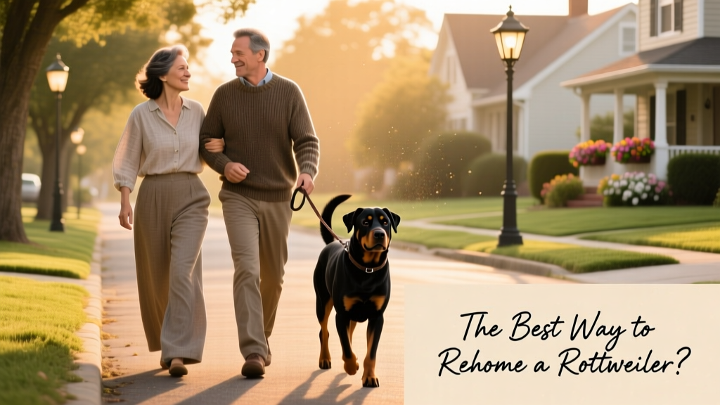 Two people walking a Rottweiler together on a quiet neighborhood street during golden hour