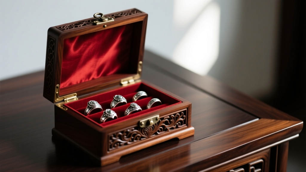 Carved vintage Chinese camphor wood jewelry box open on dark oak table, revealing red silk lining and silver rings in soft light