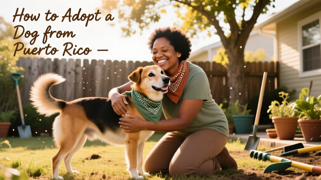 A smiling person kneeling beside their newly adopted Sato dog in a backyard, both wearing matching bandanas