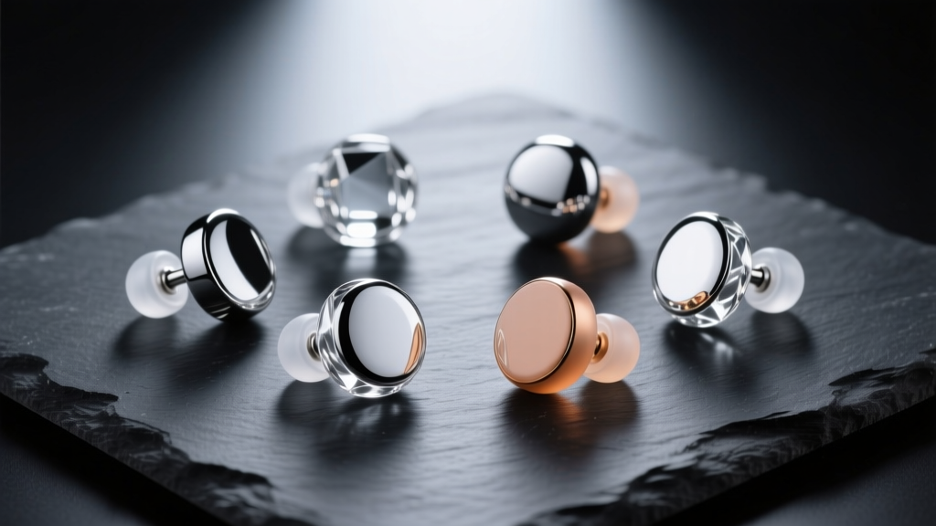 Bioplast and mirror-finish borosilicate glass ear retainers on a dark slate surface, illuminated by bright clinical lighting.