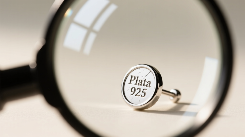 Macro photography of a jewelry loupe inspecting the Plata 925 hallmark stamped on the post of a polished sterling silver stud.