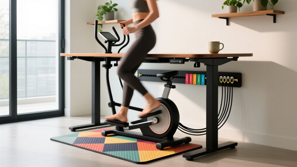 Wide shot of an ergonomic standing desk setup featuring an active anti-fatigue mat, under-desk elliptical, and organized under-mount cable tray.