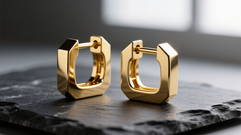 Macro shot of 14k yellow gold square hoop earrings on dark slate, highlighting sharp 90-degree corners and a secure hinge clasp.