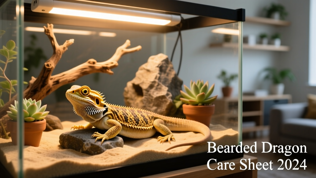 A healthy adult bearded dragon basking under a heat lamp in a well-furnished terrarium