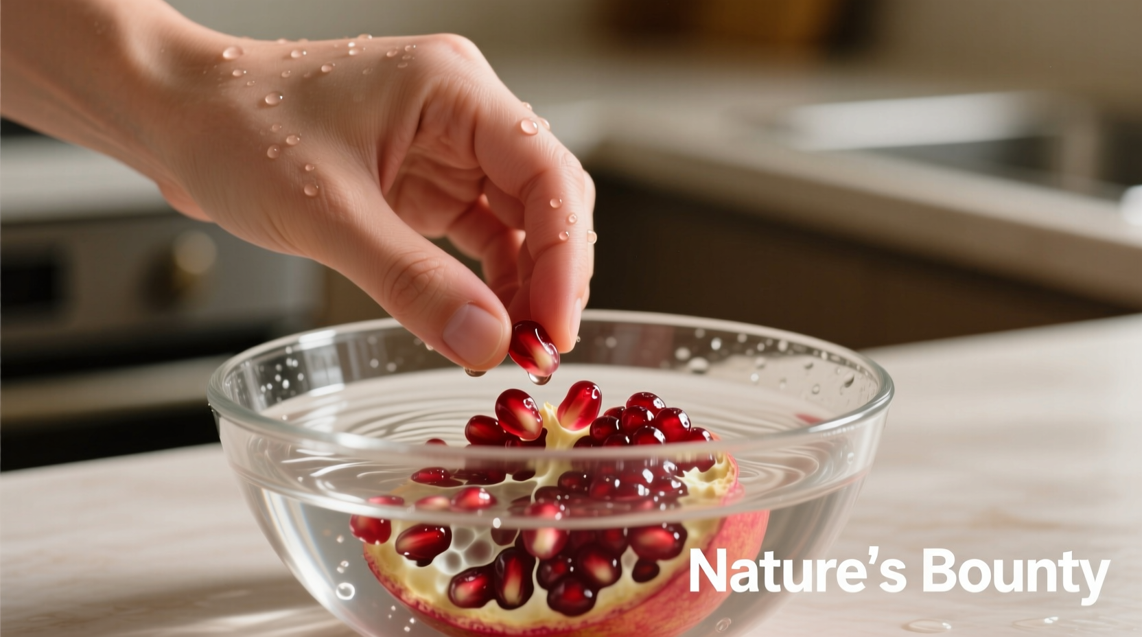 Granatapfelkerne in Schüssel mit Wasser