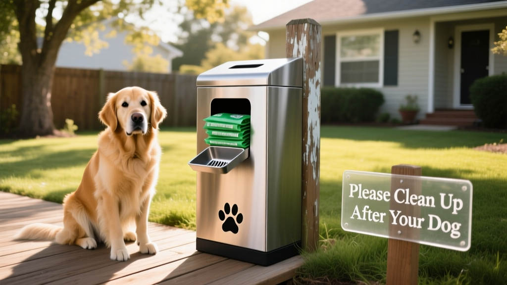 Dog waste station installed in a suburban backyard with scoop, bags, and signage