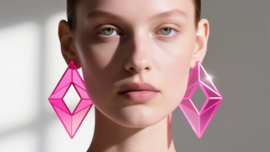 Close-up of a model wearing oversized neon pink geometric acrylic 80s dangle earrings, showing slight stretch on her earlobe.