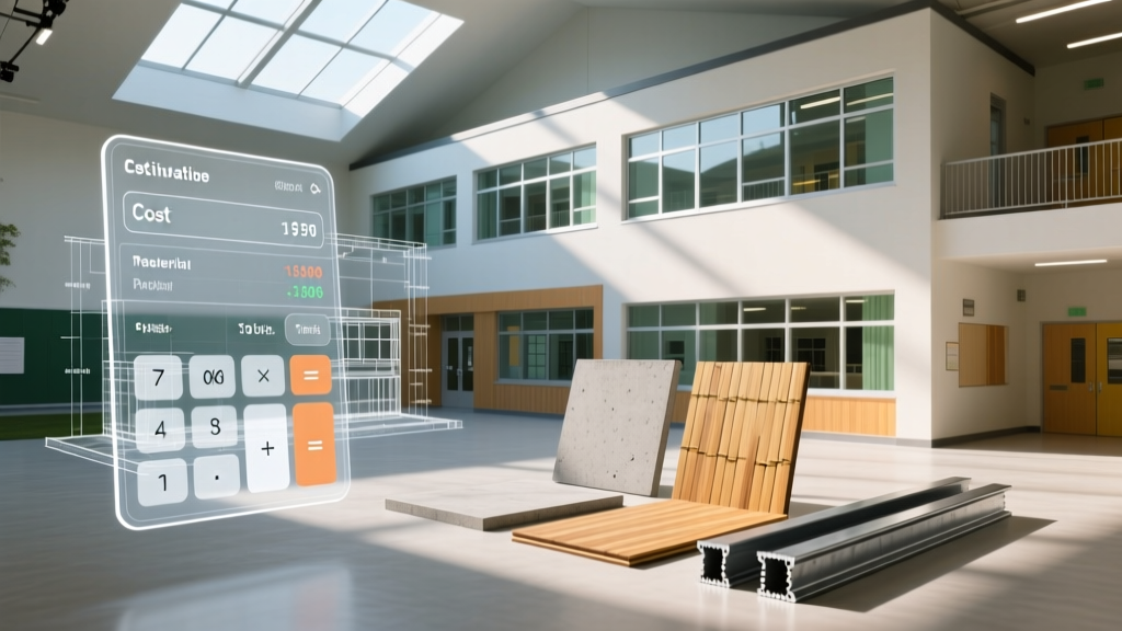 Architectural blueprint of a modern two-story elementary school overlaid with a digital cost estimating calculator and material samples