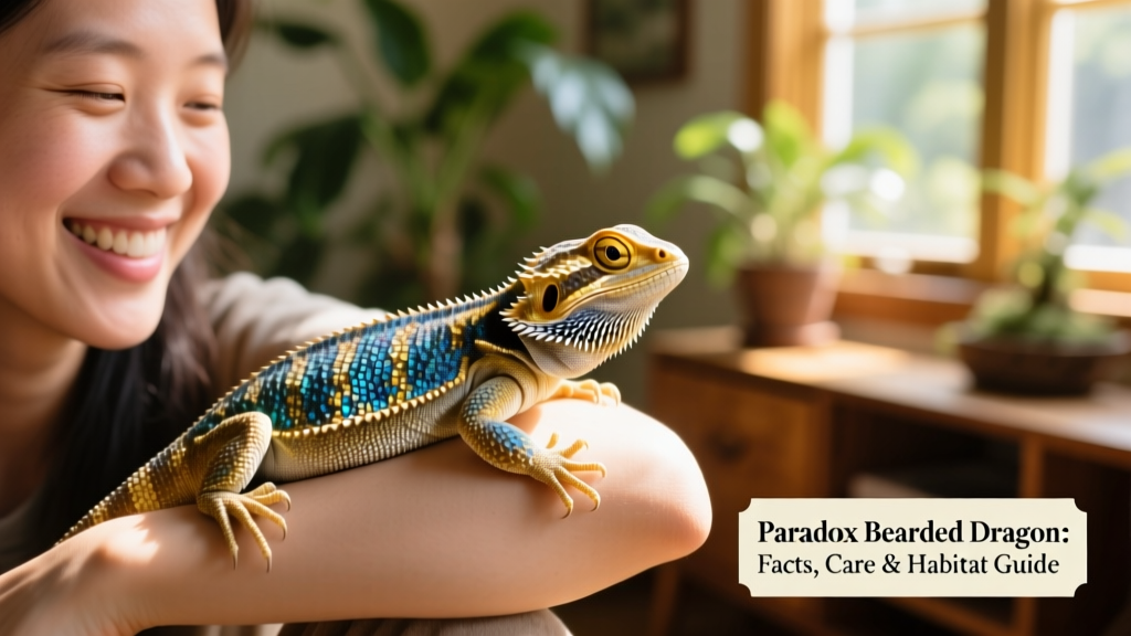 Happy owner gently holding a calm Paradox Bearded Dragon while it rests on their forearm, sunlight filtering through a nearby window