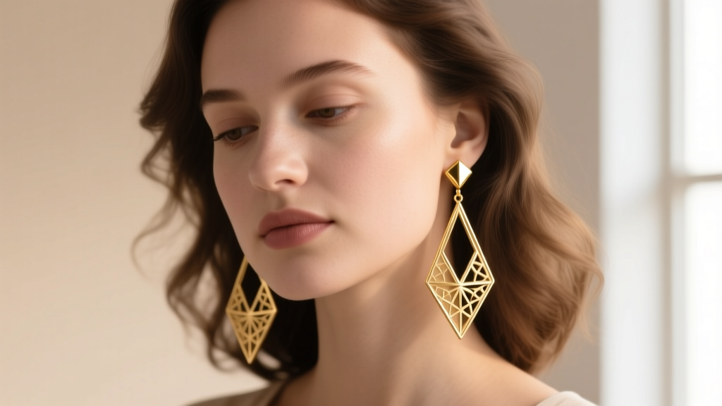 Woman with a round face wearing long geometric Boma gold vermeil drop earrings, soft studio lighting highlighting the gold finish.