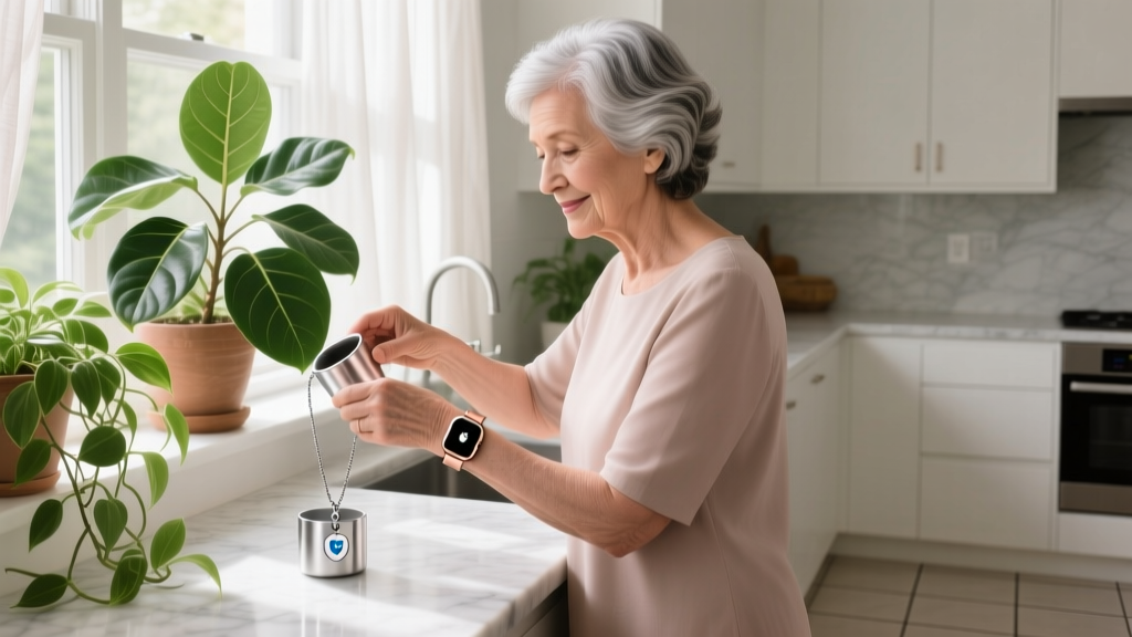 Senior woman wearing an Apple Watch Series 10 while watering indoor plants, with a Medical Guardian pendant resting on the kitchen counter
