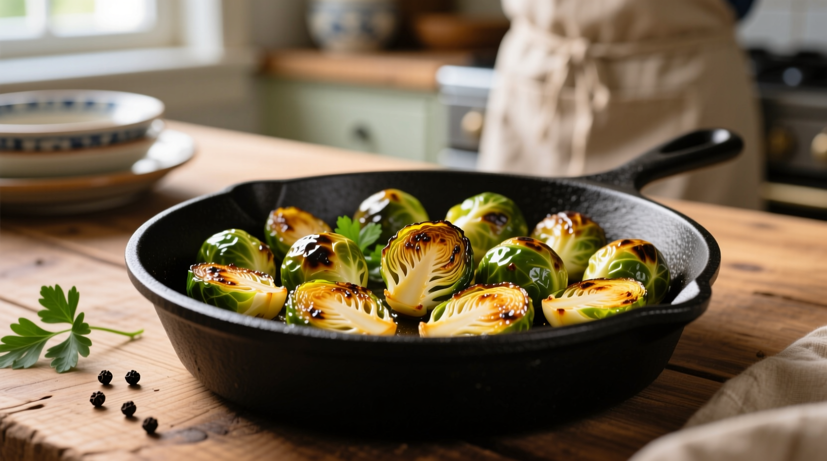 Crispy golden brussel sprouts in black skillet