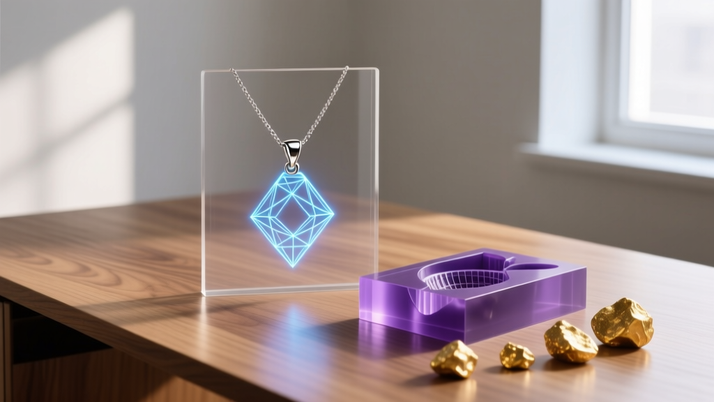 Screen showing a 3D CAD wireframe of a custom pendant, beside a purple resin casting mold and raw gold nuggets on a wooden desk.