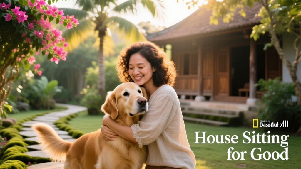Danielle hugging Biscuit, a friendly golden retriever, in a lush Vietnamese garden during a house sit