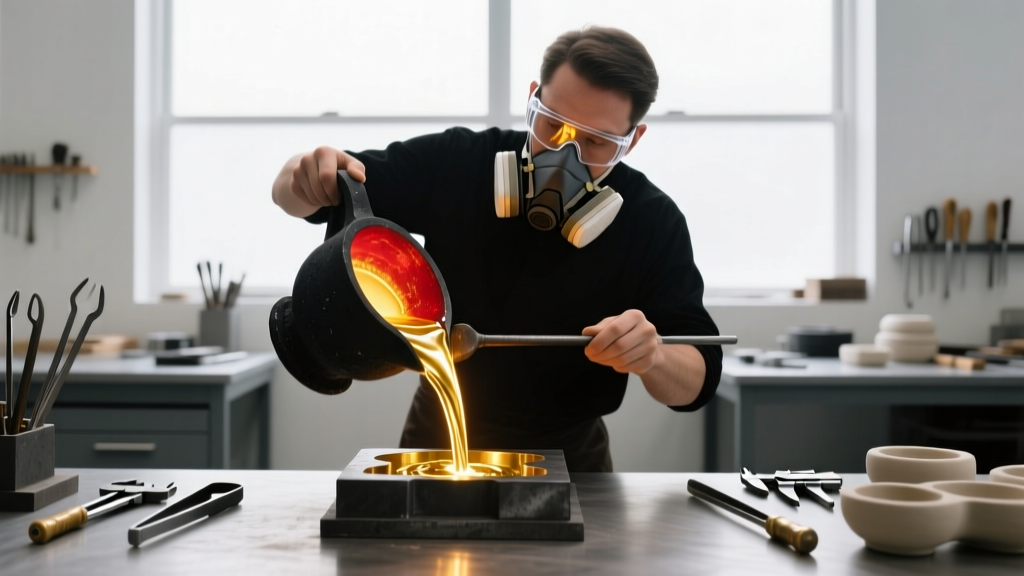 Jeweler wearing safety glasses and a respirator mask carefully pouring molten gold from a graphite crucible into an ingot mold.