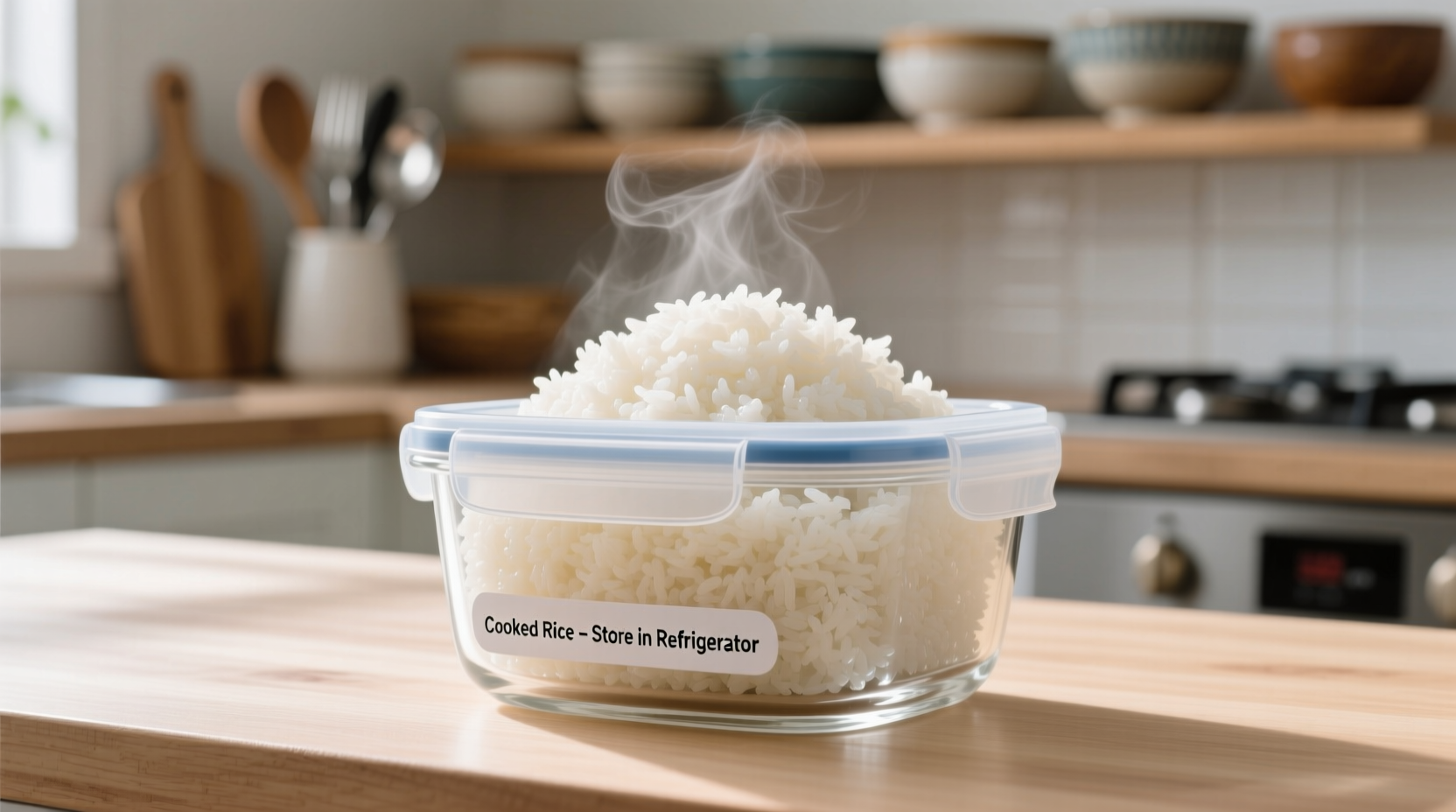 Properly stored cooked rice in airtight container