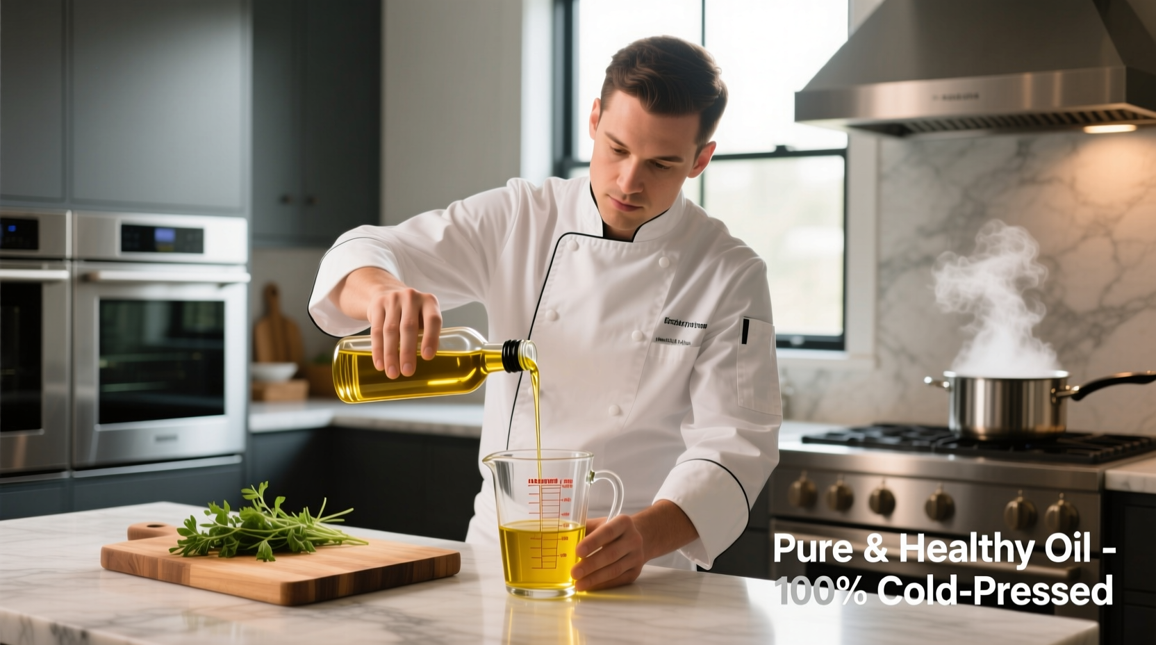 Chef measuring healthy cooking oil in kitchen
