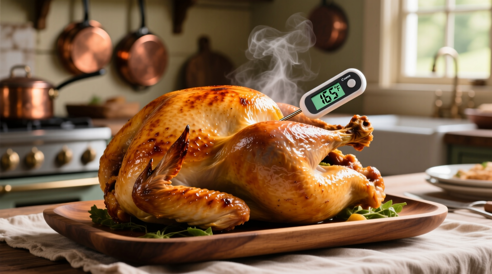 Perfectly roasted golden turkey with thermometer showing safe temperature