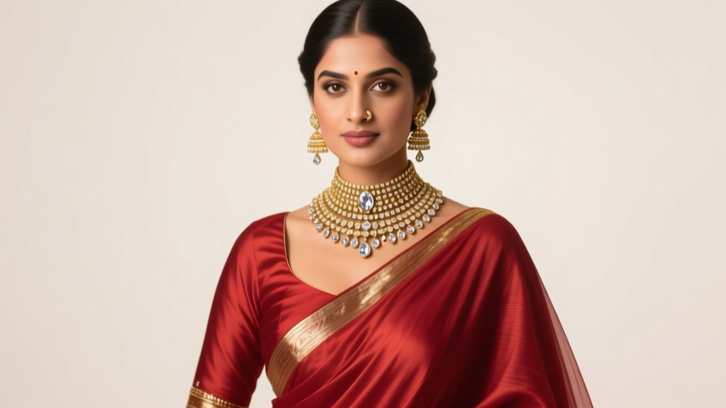 Bride wearing a 22-karat gold Jadau choker with uncut diamonds and a crimson raw silk lehenga in soft studio light