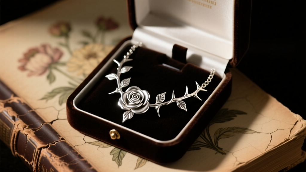 Open velvet box revealing a sterling silver rose vine and thorn lariat necklace placed on a vintage art book in moody lighting