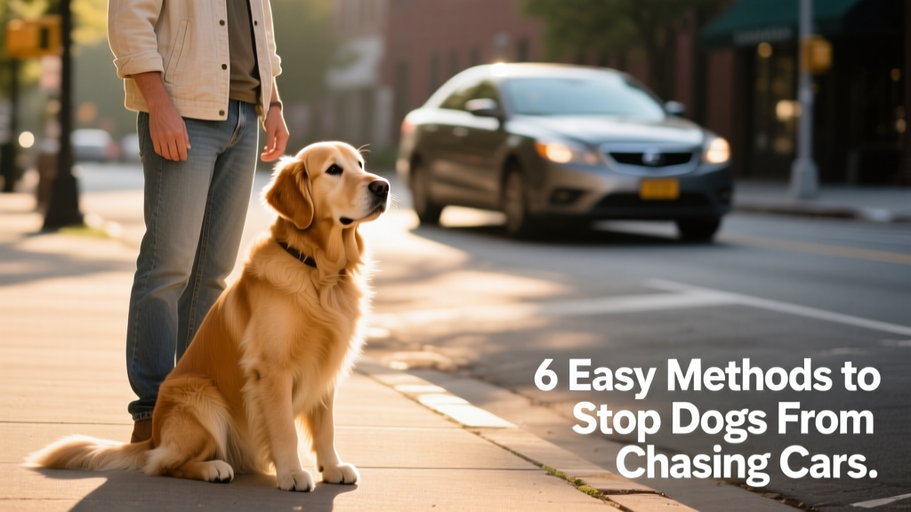 Dog sitting attentively beside owner on a sidewalk, focused on handler while a car passes safely in the distance