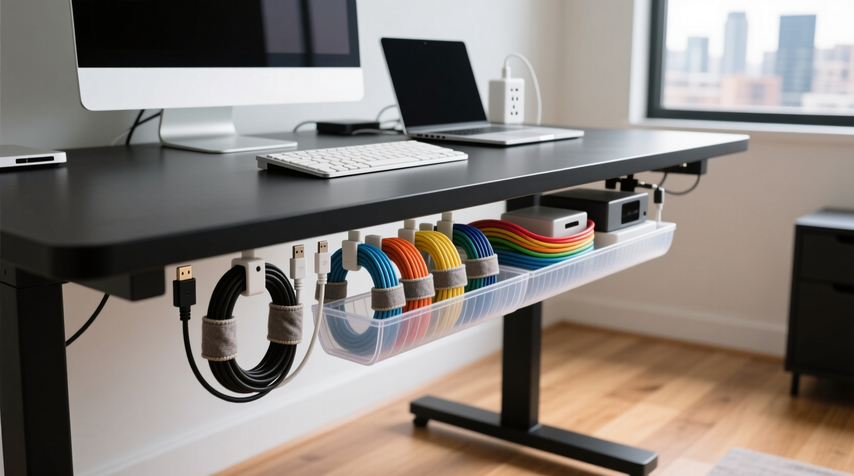 how to organize cables and cords under your desk without tape or zip ties