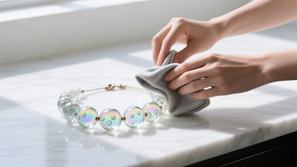 Hands wiping a vintage glass bubble necklace with a dry microfiber cloth over a white marble surface in bright natural daylight