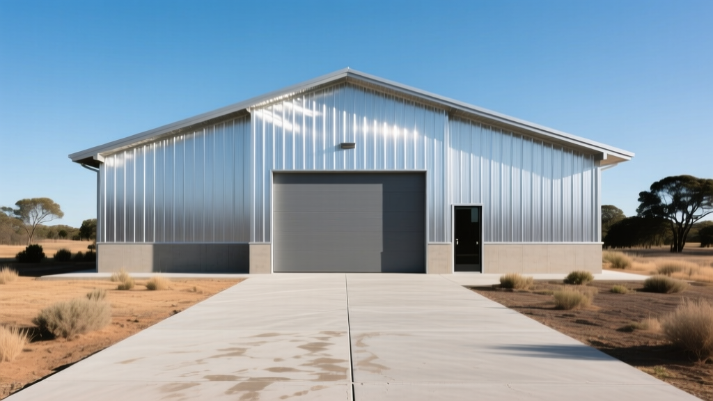 Exterior of a newly constructed 30x40 post-frame metal shop with a monolithic concrete slab driveway and 29-gauge Galvalume roofing