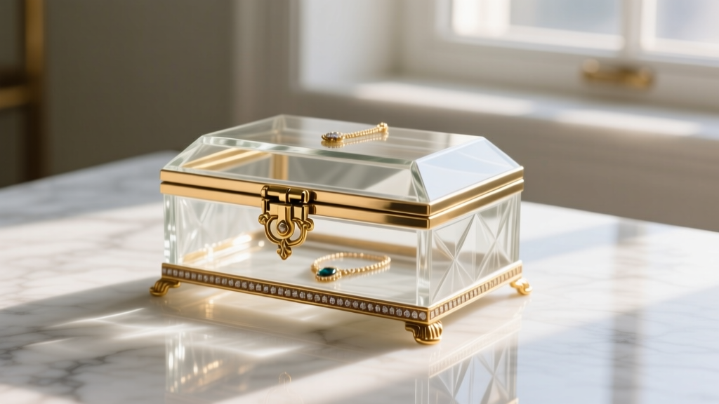 Beveled antiqued glass jewelry box on white marble, reflecting soft morning light and detailed metallic gold hardware accents.