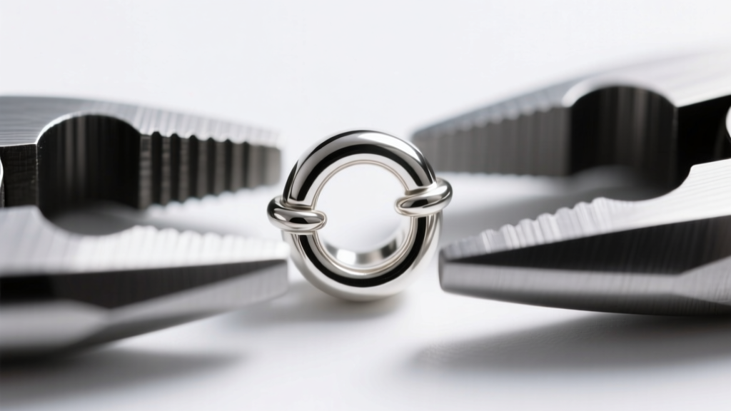 Macro shot of a 2x2mm sterling silver tube crimp bead being perfectly folded into a U-shape using specialized crimping pliers.