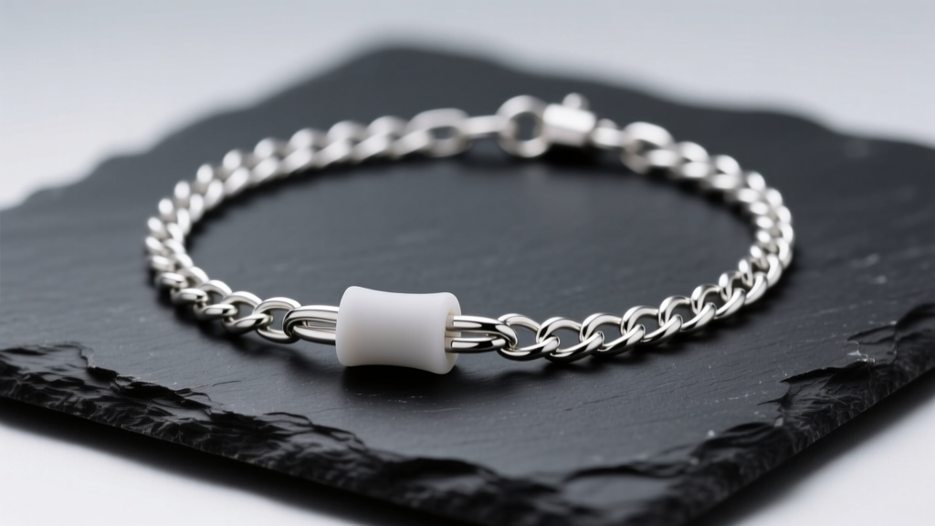 Close-up of a sterling silver adjustable chain necklace with a silicone bolo slider resting on dark slate under soft studio lighting.