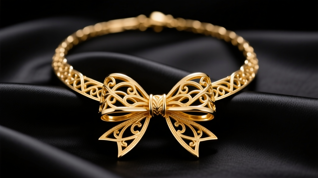 Heavy 14k gold vermeil large bow necklace on black silk, soft studio lighting highlighting the intricate metal ribbon texture.