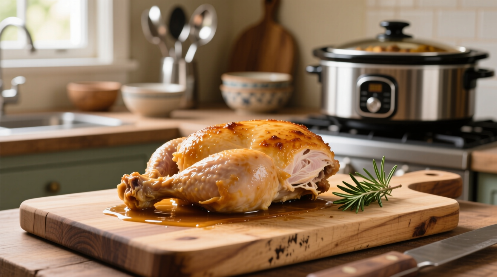 Perfectly cooked slow cooker chicken breast on cutting board
