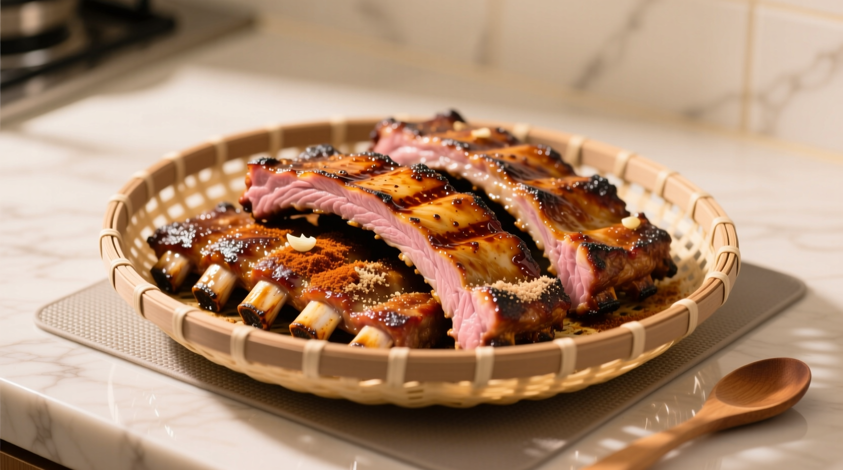 Perfectly cooked spare ribs in air fryer basket