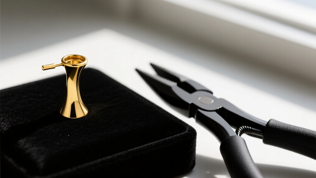 Macro shot of a bent 20-gauge 14k yellow gold earring post on a dark velvet bench block next to nylon jaw jewelry pliers.