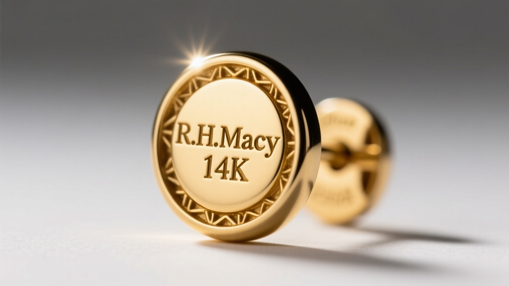 Macro photo of an R.H. Macy 14K hallmark inside a vintage gold earring back, lit by a bright, focused jeweler