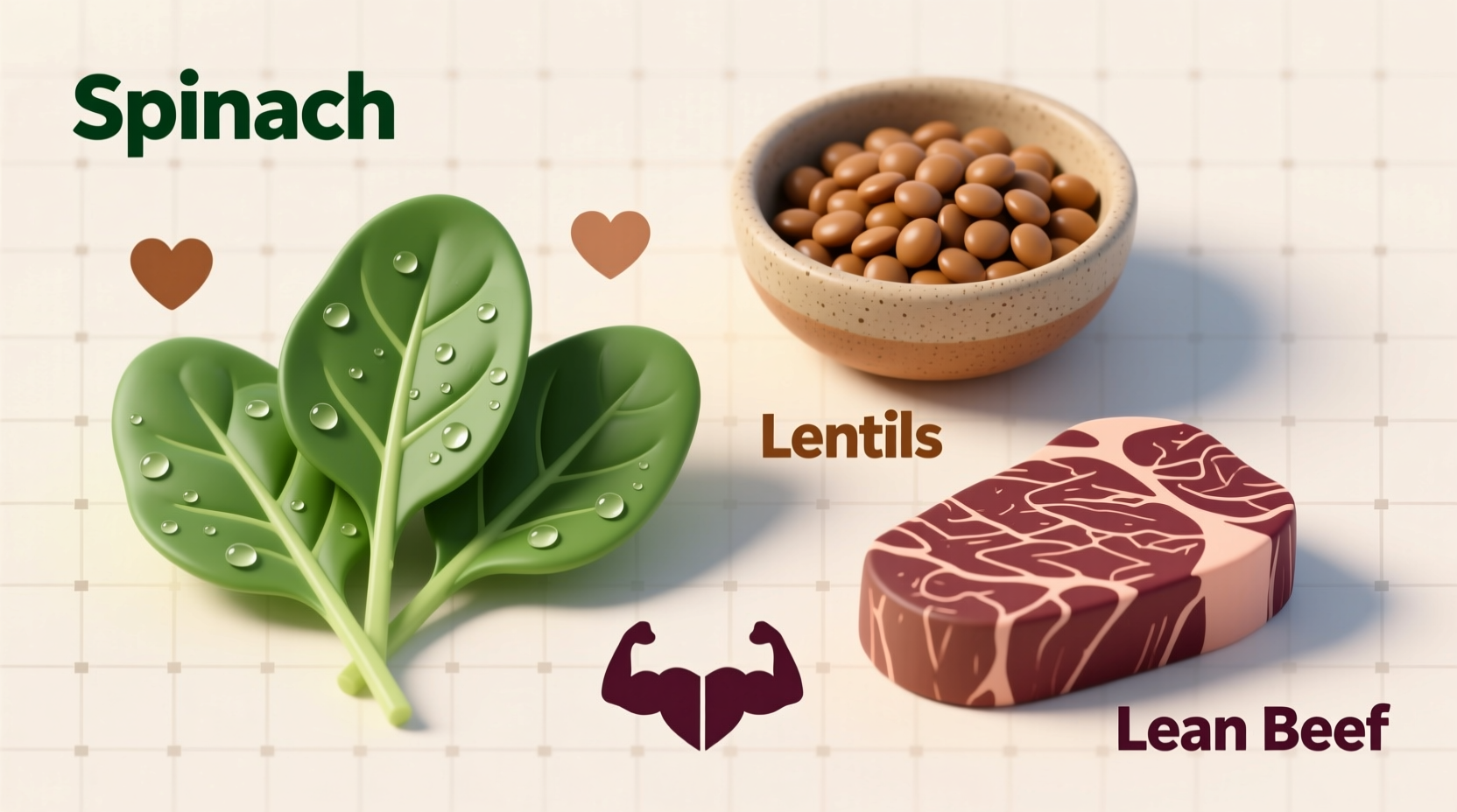 Iron-rich foods including spinach, lentils, and lean beef