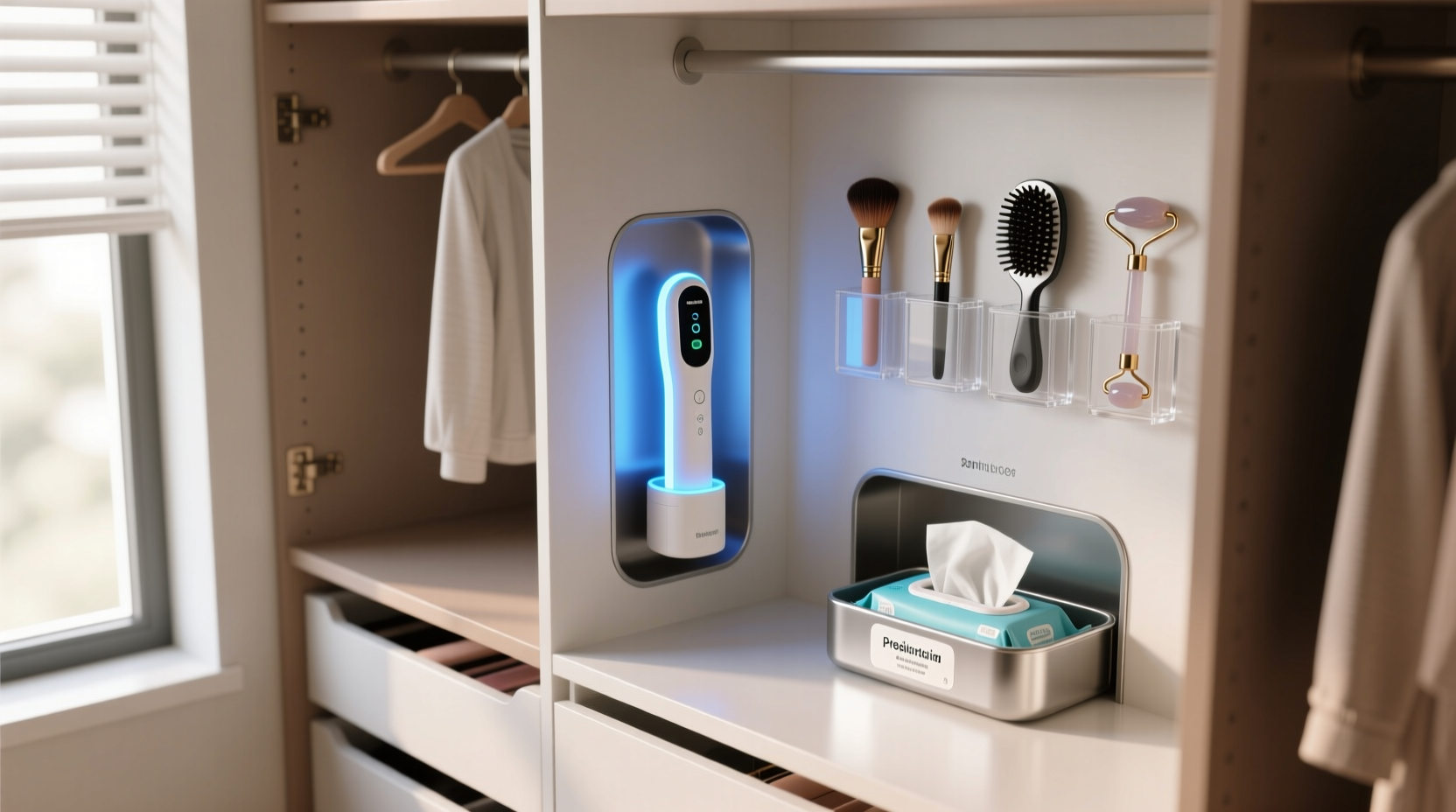 closet organization tips for beauty tool sanitizing stations